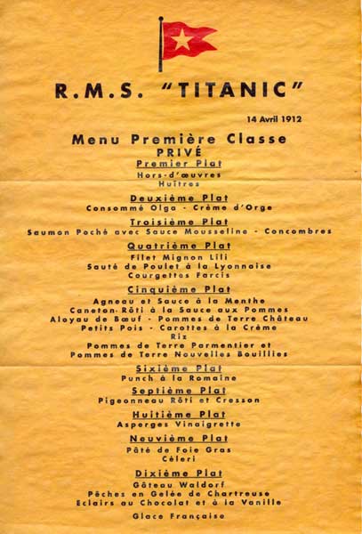 Menú original del Titanic de la noche del 14 de abril de 1912 / titanic.com